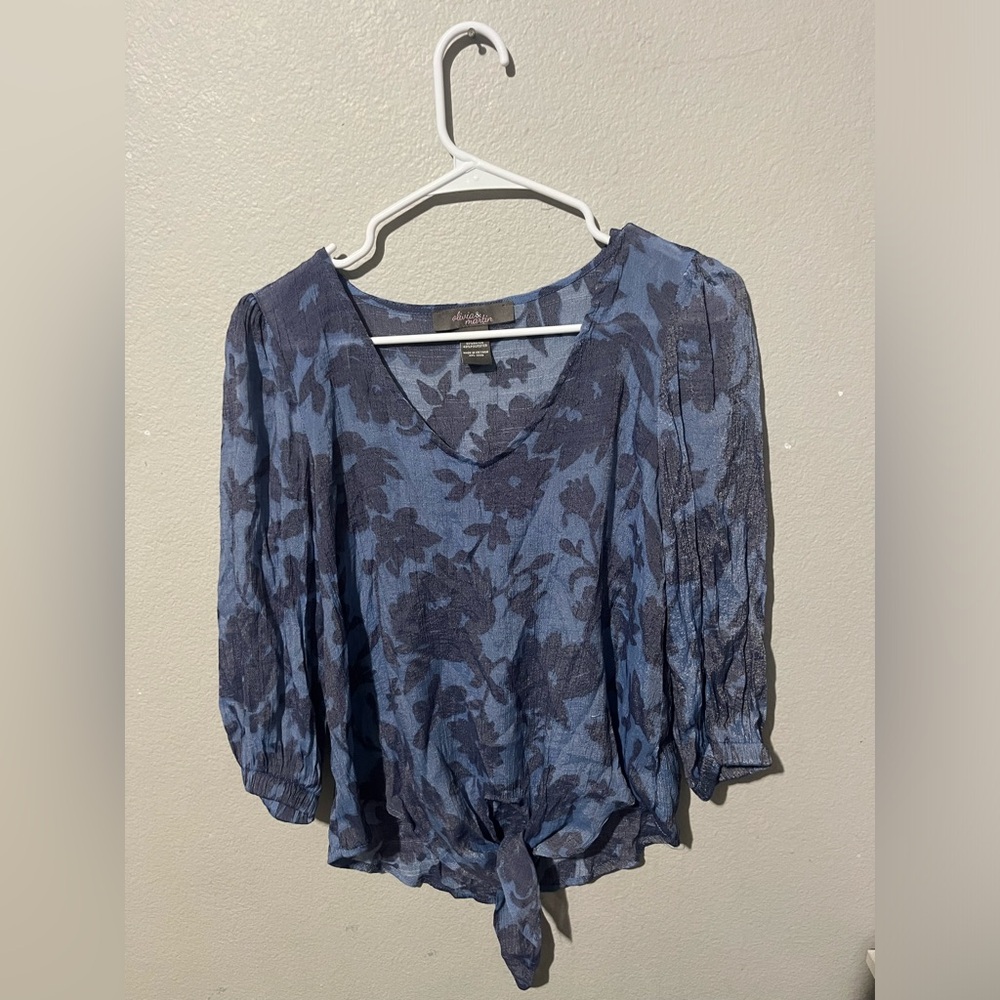 Olivia & Martin Peasant Top Blouse Boho‎ Sheer Blue Floral  Size Small